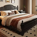 Classic Bedroom Interior With Dark Wooden Bed White Brown Bedding Framed Artworks And Window Blinds