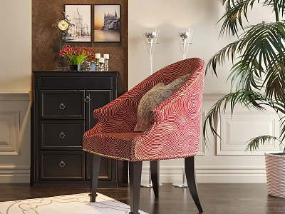 Black Entryway Side Cabinet with Drawers Doors Accent Chair Decorative Paintings Floor Lamps Green Plant 3d model