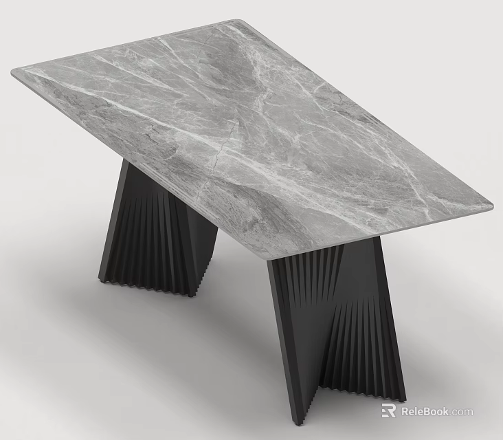 Modern Gray Marble Dining Table Set With Black Fluted Legs Design 3d model 