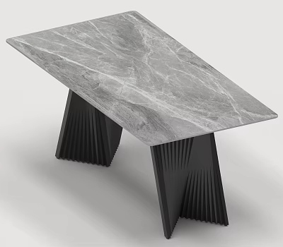 Modern Gray Marble Dining Table Set With Black Fluted Legs Design 3d model
