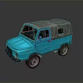 Light Blue Vintage Off Road Vehicle With Grey Soft Top And Large Wheels