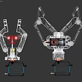 Two Industrial Mechanical Arms With Blue Red Components And Metal Gripping Mechanisms