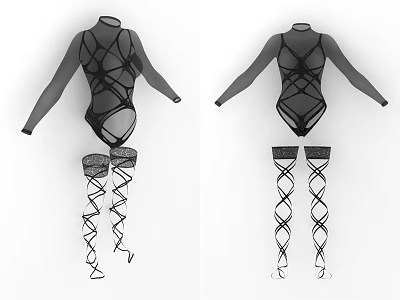 Black Long Sleeve Bodysuit With Crisscross Straps And Stockings Design 3d model