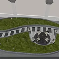 Garden Landscape With Green Lawn Winding Stone Path Circular Area Tables Chairs And Lawn Lamps