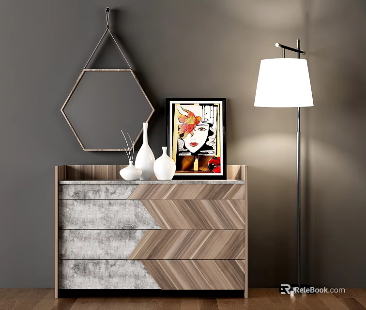 Modern Entryway Side Cabinet with Chevron Wooden Design and Decorative Vases Painting Floor Lamp Mirror 3d model 