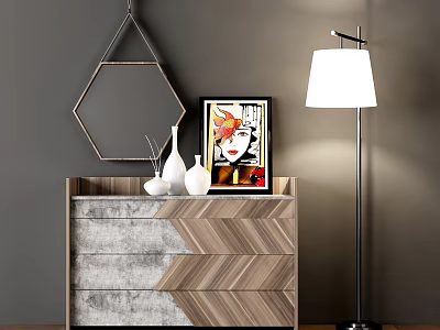 Modern Entryway Side Cabinet with Chevron Wooden Design and Decorative Vases Painting Floor Lamp Mirror 3d model