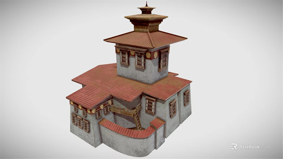 Traditional Architecture Model With Red Roof Gray Walls And Multi Level Tower Structure 3d model 