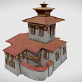 Traditional Architecture Model With Red Roof Gray Walls And Multi Level Tower Structure