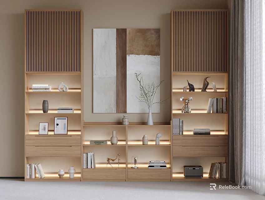 Modern Wooden Bookcase With Multiple Shelves Displaying Books Decorations Vases And Artwork Background 3d model 