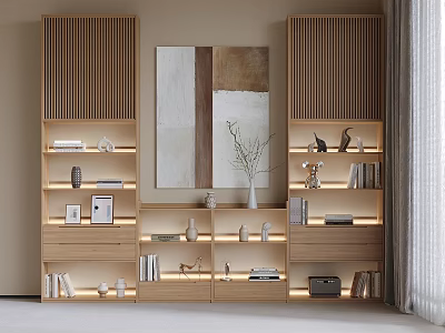 Modern Wooden Bookcase With Multiple Shelves Displaying Books Decorations Vases And Artwork Background 3d model