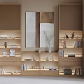 Modern Wooden Bookcase With Multiple Shelves Displaying Books Decorations Vases And Artwork Background