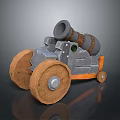 Vintage Medieval Cannon Cart Structure With Wooden Wheels And Metal Barrel