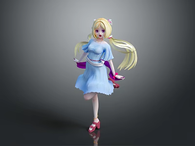Game Anime Character Blonde Twin Tails Blue Dress Pink Shoes Sash Standing Pose 3d model