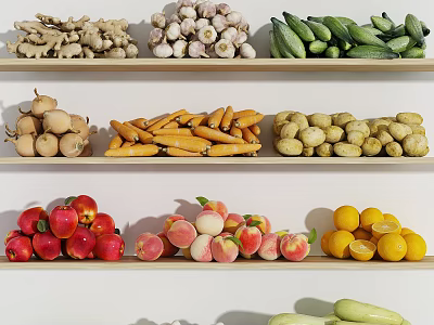 Fresh Assorted Vegetables Ginger Garlic Gourd Zucchini Carrots Potatoes Arranged on Shelves 3d model