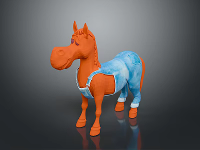 Orange Plush Horse Doll Dressed In Blue Overalls With Cute Design 3d model