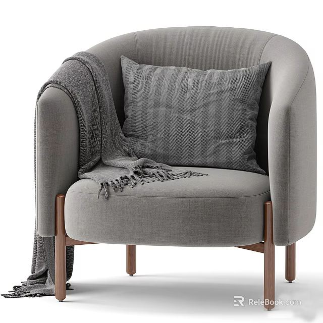 Gray Armchair with Striped Pillow and Blanket on Armrest Wooden Legs Design 3d model 