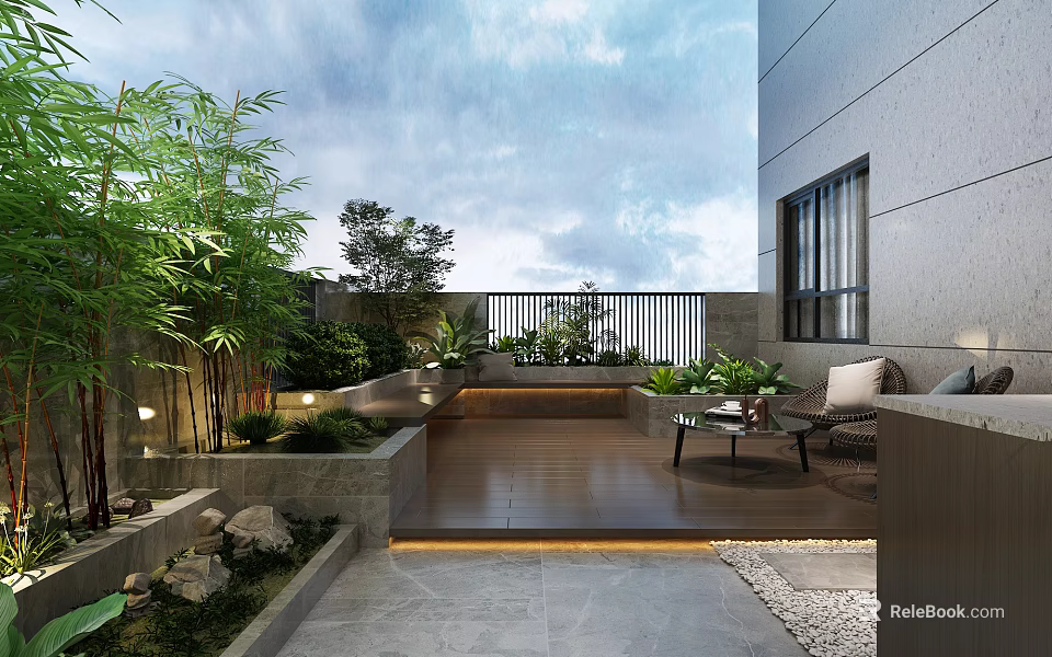 Modern Courtyard Garden Landscape With Bamboo Plants Wooden Flooring Stone Patio And Sofa 3d model 
