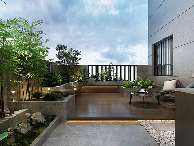 Modern Courtyard Garden Landscape With Bamboo Plants Wooden Flooring Stone Patio And Sofa 3d model