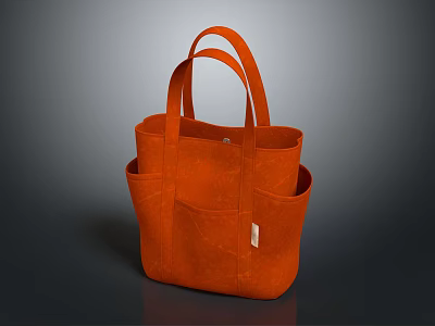 Orange Canvas Tote Bag With Multiple Side Pockets And Hand Straps 3d model