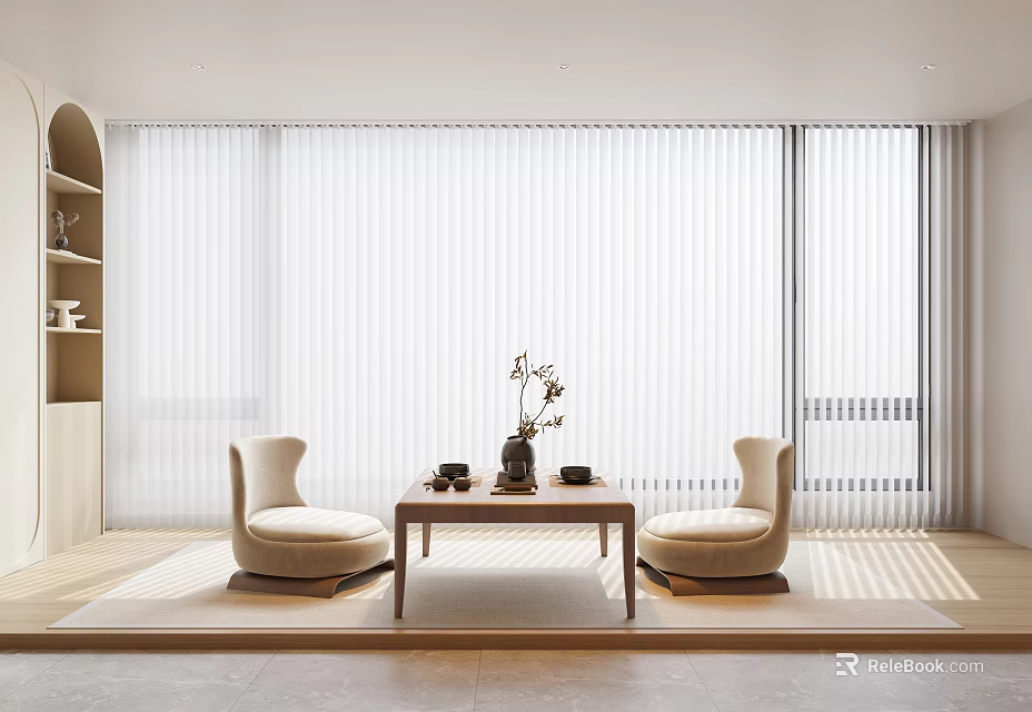 Elegant Tea Table Two Beige Chairs with Tea Set Flower Vase Large Windows Natural Light 3d model 