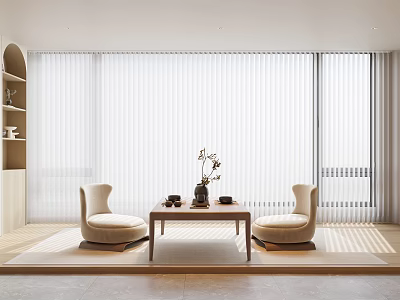 Elegant Tea Table Two Beige Chairs with Tea Set Flower Vase Large Windows Natural Light 3d model