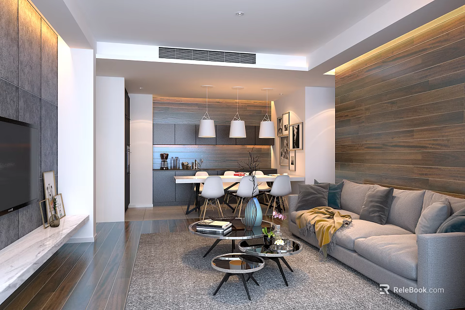 Modern Living Dining Room Interior With Gray Sofa Round Coffee Tables And Wooden Wall 3d model 