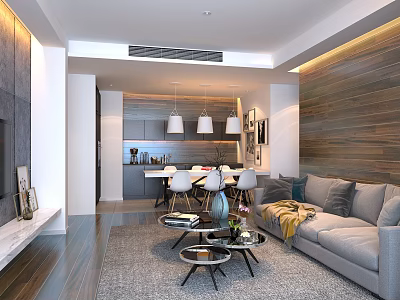 Modern Living Dining Room Interior With Gray Sofa Round Coffee Tables And Wooden Wall 3d model