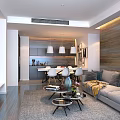 Modern Living Dining Room Interior With Gray Sofa Round Coffee Tables And Wooden Wall