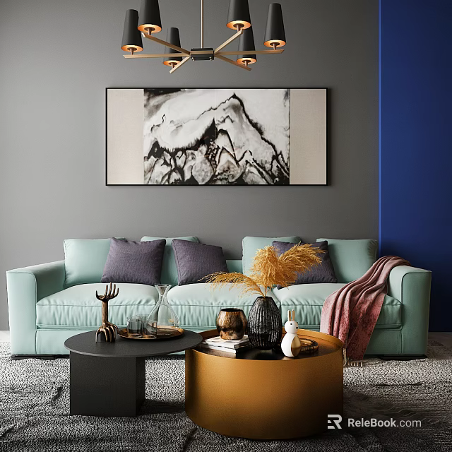 Light Green Three Seater Sofa With Purple Pillows Pink Blanket Coffee Table And Monochrome Wall Art 3d model 