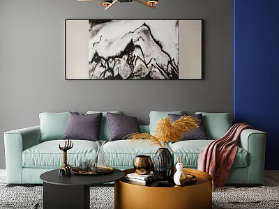 Light Green Three Seater Sofa With Purple Pillows Pink Blanket Coffee Table And Monochrome Wall Art 3d model