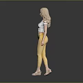 Blonde Woman Standing Gray Background Wearing White Cropped Top Yellow Ripped Pants Beige Sandals