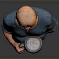 Portly Man Figurine Wearing Blue Shirt Holding Brown Graduated Mug on Gray Background