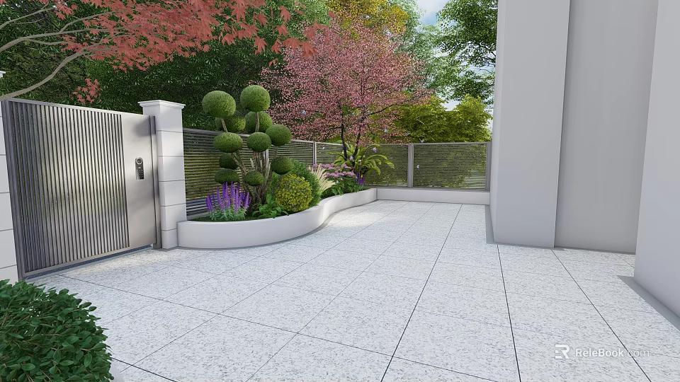 Modern Garden Landscape With Topiary Shrubs Colorful Flowers Paved Patio And Metal Gate 3d model 