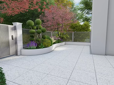 Modern Garden Landscape With Topiary Shrubs Colorful Flowers Paved Patio And Metal Gate 3d model