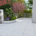 Modern Garden Landscape With Topiary Shrubs Colorful Flowers Paved Patio And Metal Gate