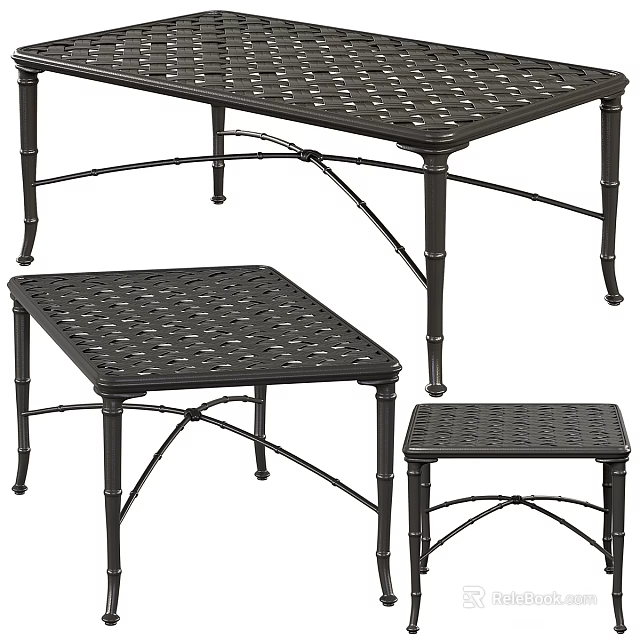 Classic Black Cast Iron Dining Table With Lattice Top And Bamboo Style Legs 3d model 