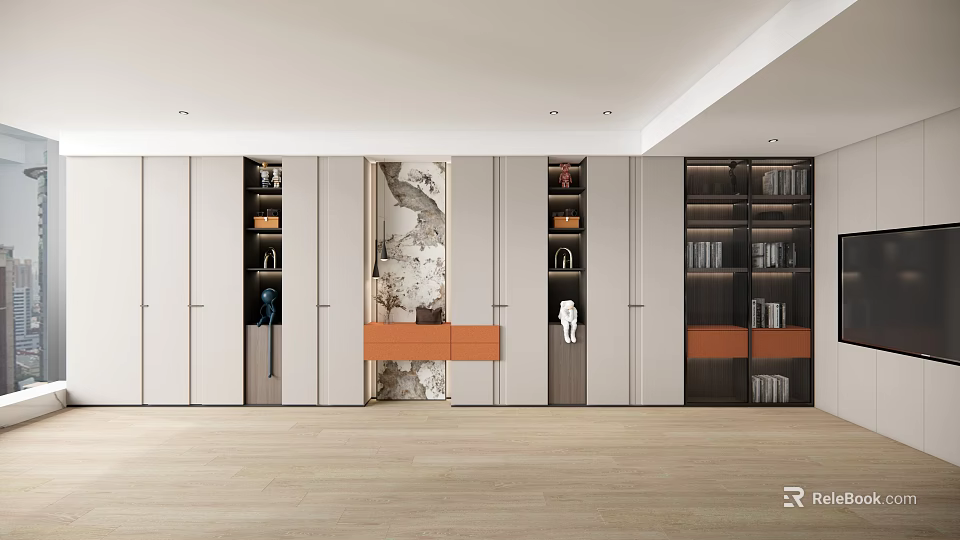 Modern Interior Storage Design With Mixed Cabinets Decorative Panel And Wooden Floor 3d model 