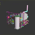 Industrial Equipment Setup With Pipes Tanks Cylindrical Unit Valves And Colored Containers
