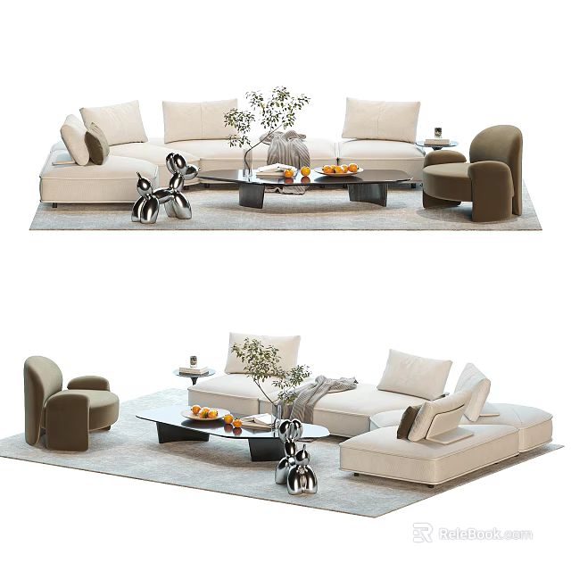 Modern Beige Sofa Set With Glass Top Coffee Table And Accent Chair Decor 3d model 
