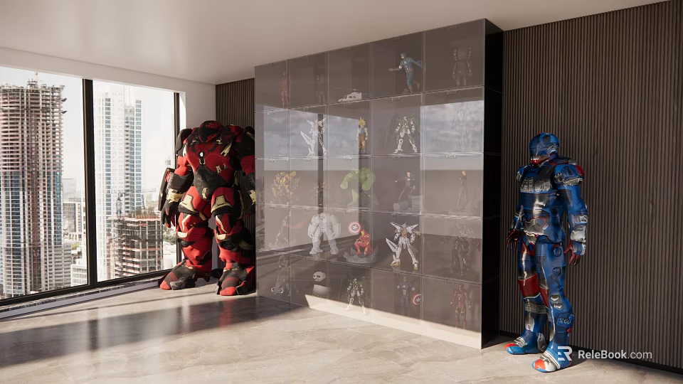 Collectible Action Figures Display In Modern Room With Large Red Blue Figures And Cabinet 3d model 