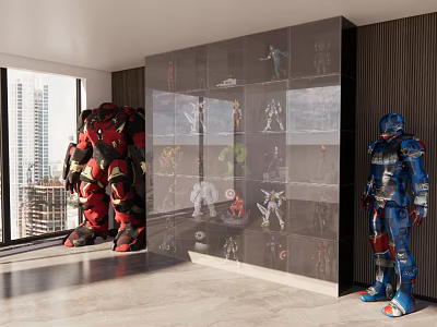 Collectible Action Figures Display In Modern Room With Large Red Blue Figures And Cabinet 3d model