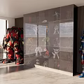 Collectible Action Figures Display In Modern Room With Large Red Blue Figures And Cabinet