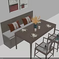Minimalist Dining Table Set With Bench Chairs Cushions Vase And Tableware 3d model