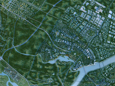 Aerial Planning of Urban Area with River Green Spaces Roads and Buildings 3d model