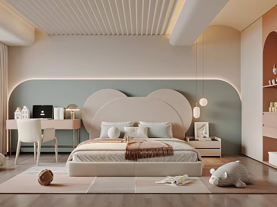 Kids Room Interior Design with Curved Headboard Desk Chair Soft Lighting Rug and Stuffed Toy 3d model