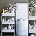 Stylish Bathroom Accessories Organized On Shelf With Towel Wicker Basket And Mirror