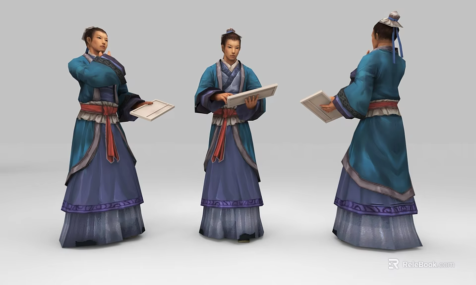 Ancient Chinese Human Figures in Traditional Blue Purple Robes Holding Books Three Angles View 3d model 