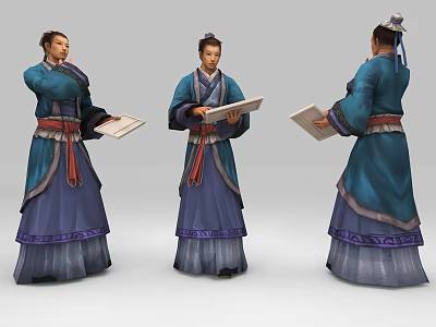 Ancient Chinese Human Figures in Traditional Blue Purple Robes Holding Books Three Angles View 3d model