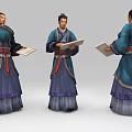 Ancient Chinese Human Figures in Traditional Blue Purple Robes Holding Books Three Angles View