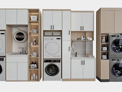 Modern Bathroom Cabinetry With Washing Machine Storage Shelves And Countertop Sink 3d model